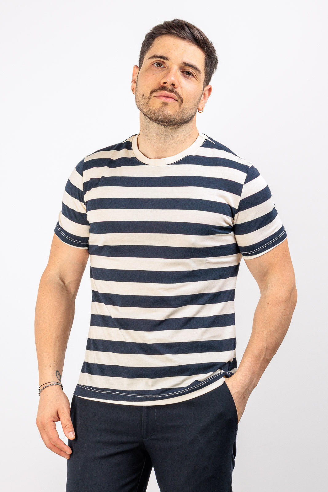 T-SHIRT UOMO FANTASIA A RIGHE MAGLIA GIROCOLLO MEZZA MANICA MADE IN ITALY